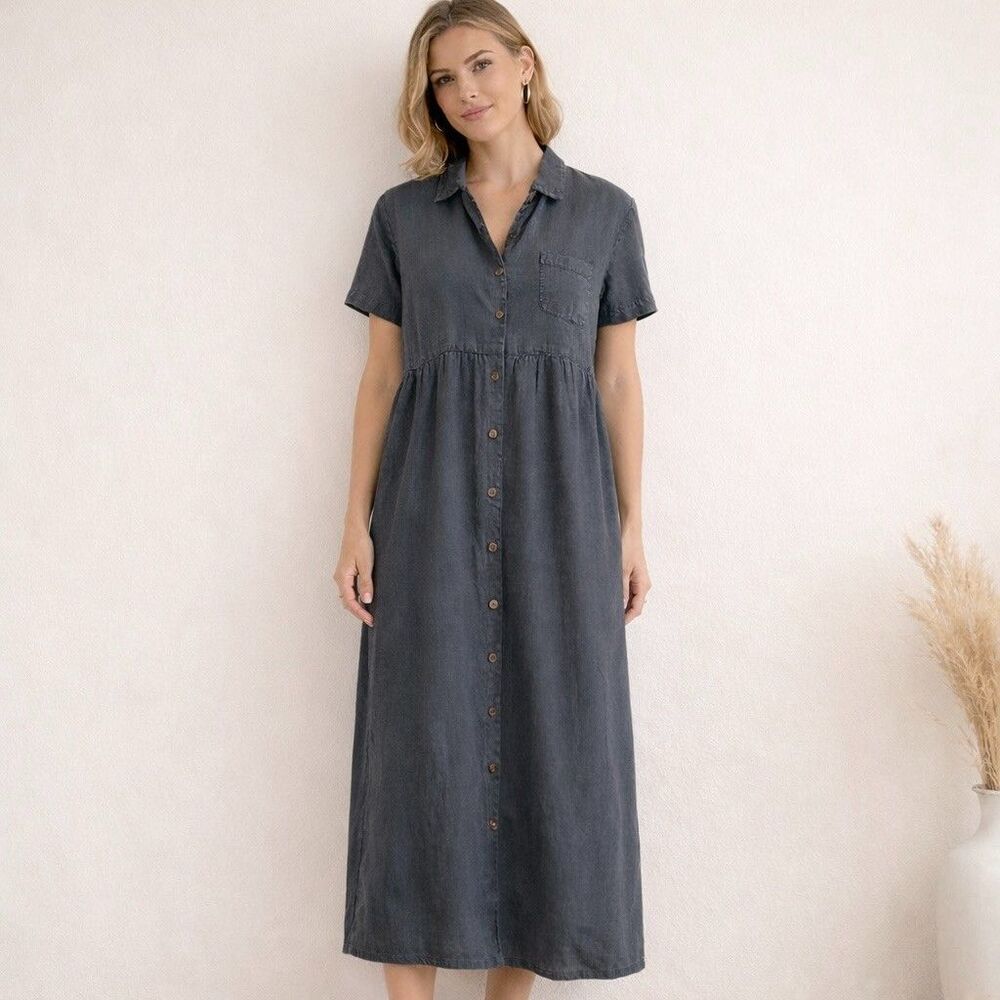 Kiko VTG 100% Linen Gray Button Front Shirt Dress Midi Sz S Pockets Minimalist